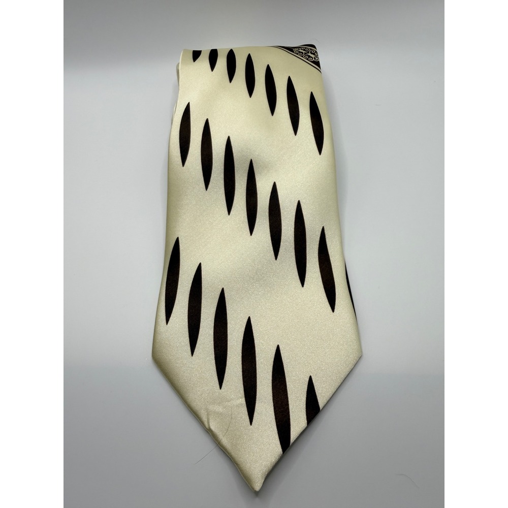 Karl Knox Mens Tie Cream Brown Geometric Scroll Pattern Hand Made Wide 4 Inch